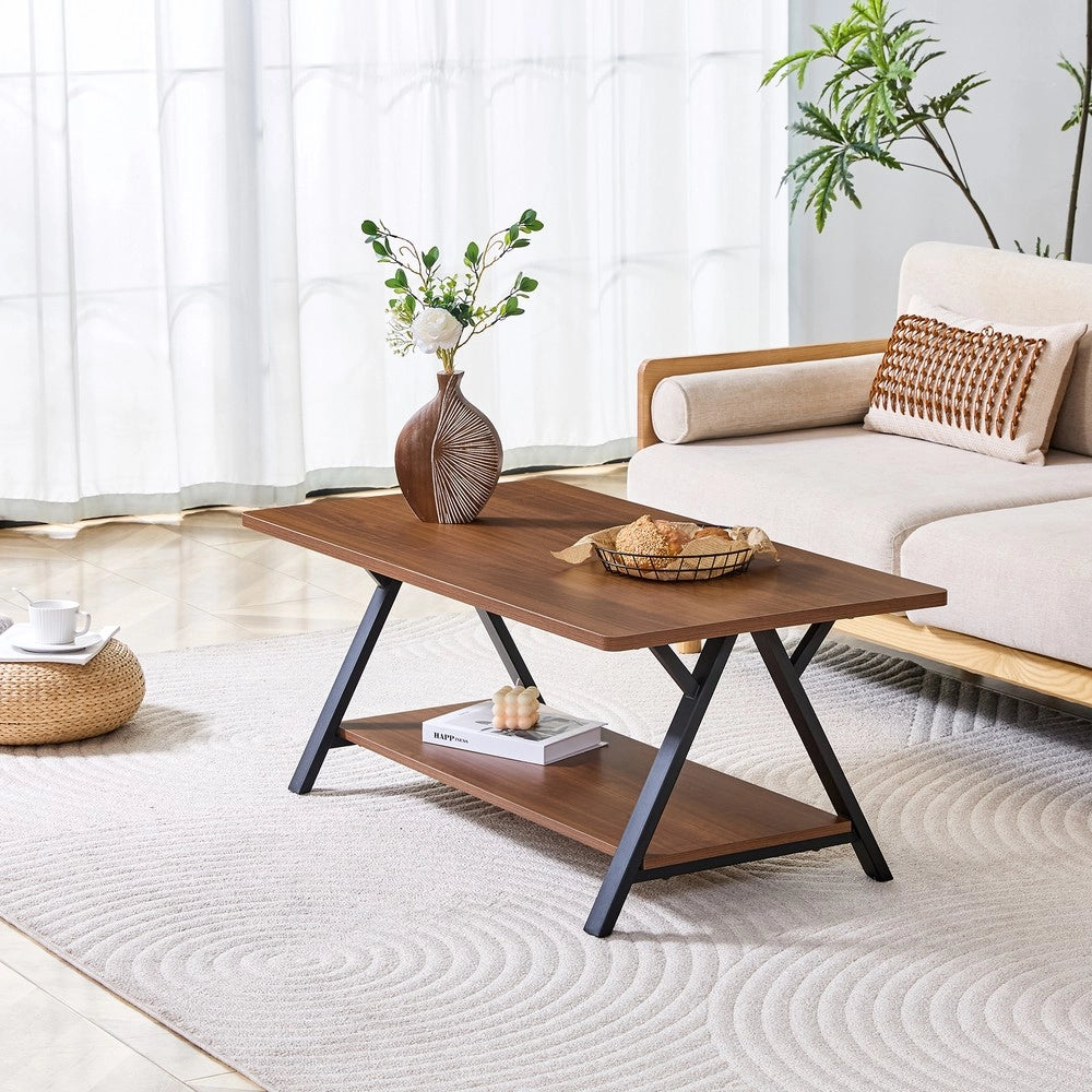 Tavolino da Caff¨¨ Industriale ¨C MINIMAL ¨C Legno Noce e Metallo Nero, Ripiano, 110x57x44,5cm