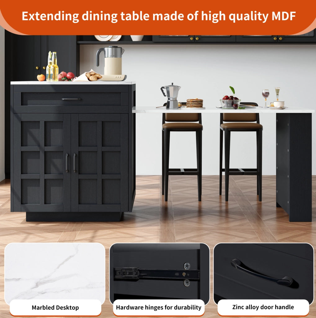 Tavolo Bar Estensibile con Ripiani e Cassetti, Cucina Isola da 133 a 202 cm, MDF Nero, Per 2-6 Persone