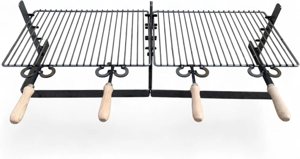 Griglia in ferro regolabile su più altezze, bistecchiera con manici in legno, per barbecue e camino per carne pesce verdure 90x36cm