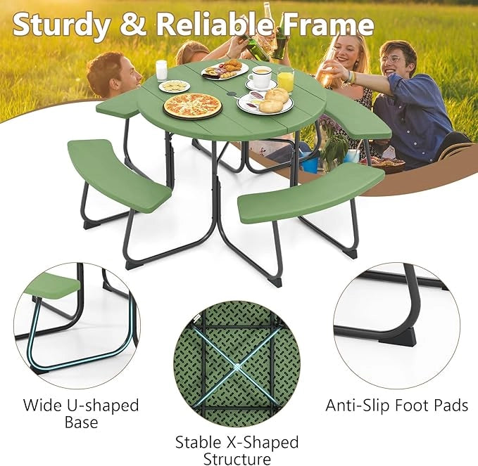 Set da giardino da picnic per 8 persone, tavolo da giardino rotondo con 4 panche, tavolo da birra con foro per ombrellone, set da giardino in HDPE, set per panca da birra (verde)