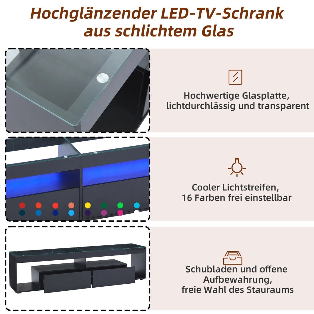 Mobile TV nero lucido con LED, 2 cassetti e piano in vetro temperato