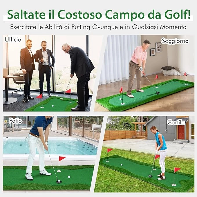 Tappetino da Golf Professionale, Campo da Golf con Erba Artificiale Realistica, 3 Buche, 3 Bandierine e Tazze per l'Allenamento Interno ed Esterno, 300 x 100 CM