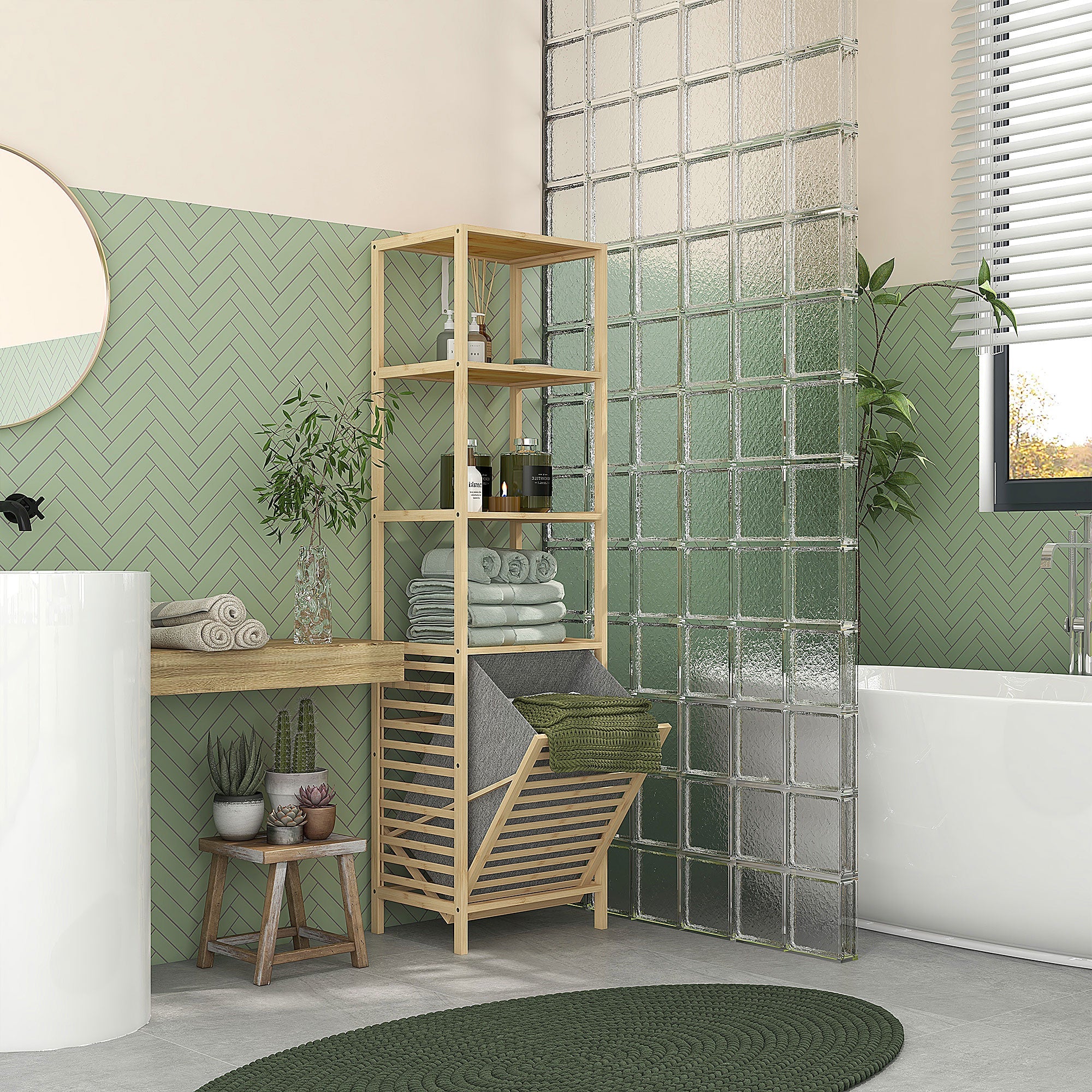 Colonna Bagno con 3 Ripiani e Cesto Portabiancheria in Tessuto 44x33x160 cm in Legno di Bambù