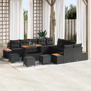 Set di divani da giardino 14 pezzi con cuscini Nero Polirattan Acacia