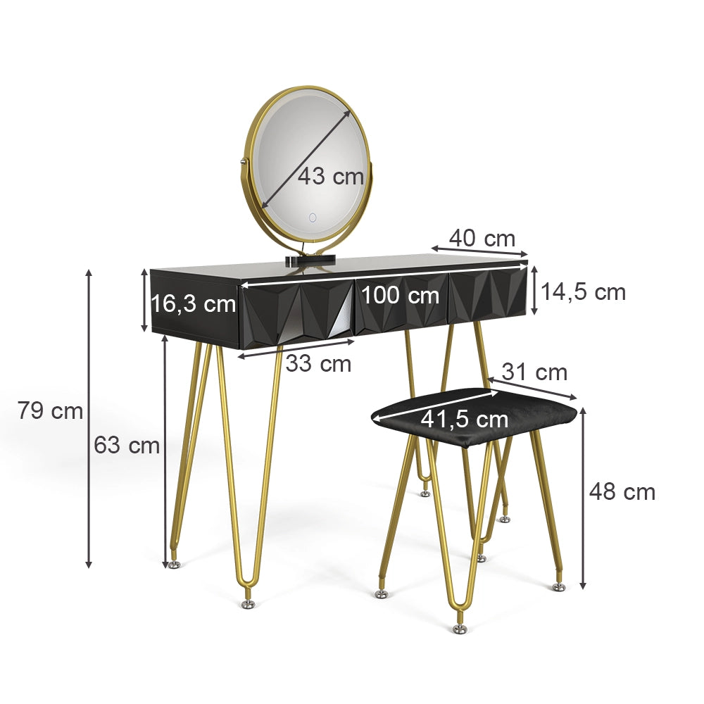 Vicco Tavolo da toeletta Nero 100 cm con specchio e sgabello a LED