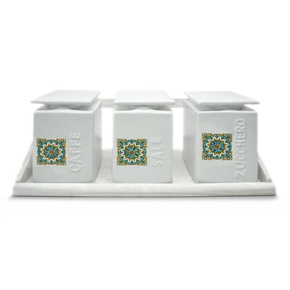 Set Tris Barattoli da Cucina in Ceramica con Mensola Sale Zucchero Caffe'