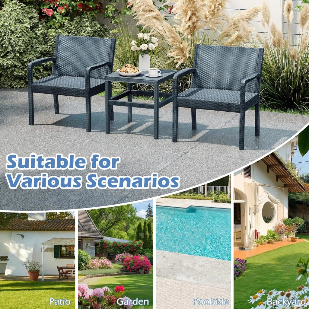 Set di mobili da giardino in rattan, per balconi, balconi, terrazze, per esterni, resistenti alle intemperie, in polipropilene, per 2 persone, set di mobili da balcone, 3 pezzi, 2 poltrone e