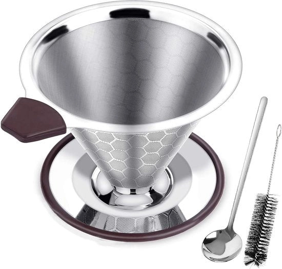 Filtro per caffè in acciaio inossidabile con accessorio per manopera a mano - completo con cucchiaio e spazzola