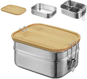 Lunchbox per adulti/bambini, con 2 compartimenti, box metallica con coperchio in legno, free da BPA, box per colazione per scuola/uscite (triplo strato)