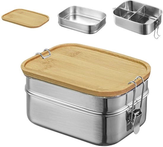 Lunchbox per adulti/bambini, con 2 compartimenti, box metallica con coperchio in legno, free da BPA, box per colazione per scuola/uscite (triplo strato)