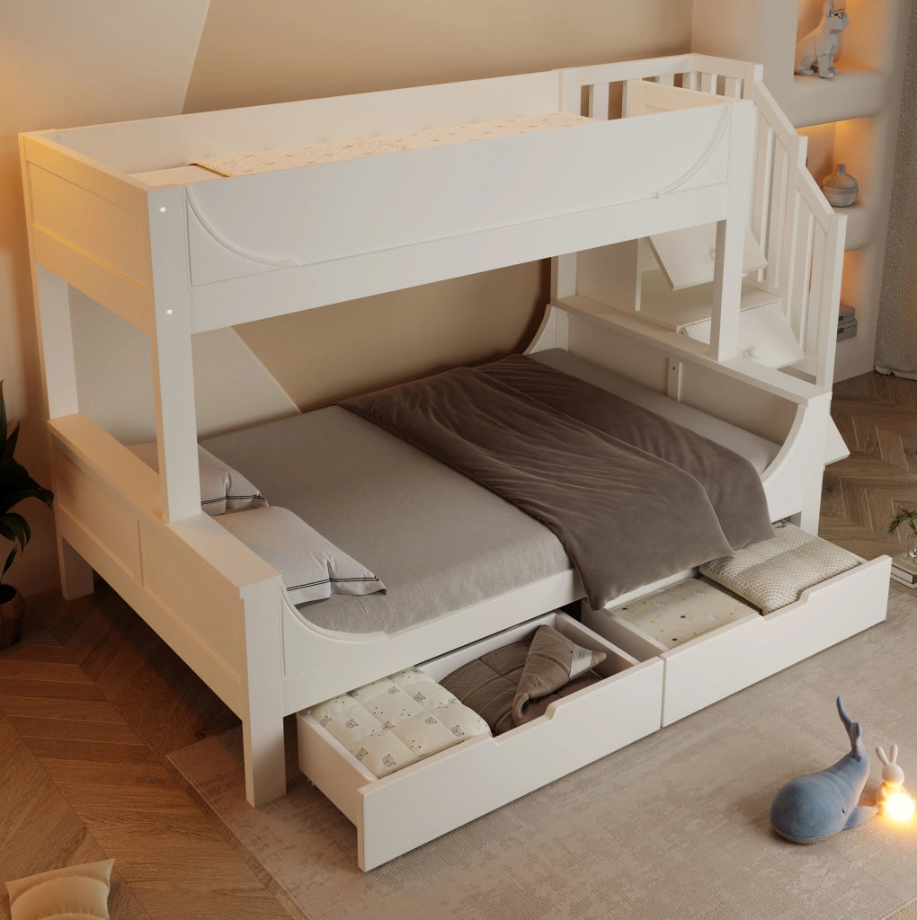 Letto a castello per bambini con scala-armadio e cassetti; 90/140x200 cm; bianco
