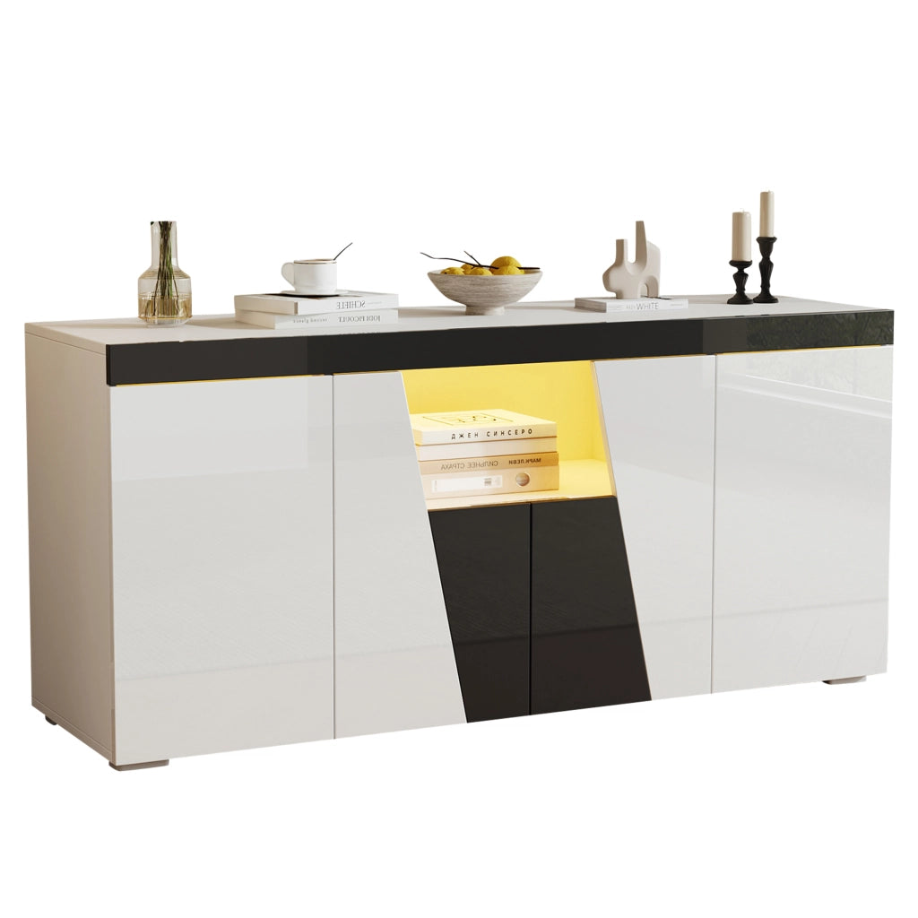 Credenza con 4 ante e ripiani regolabili, LED controllato da app, per soggiorno, bianco e nero, 140 × 40 × 65 cm