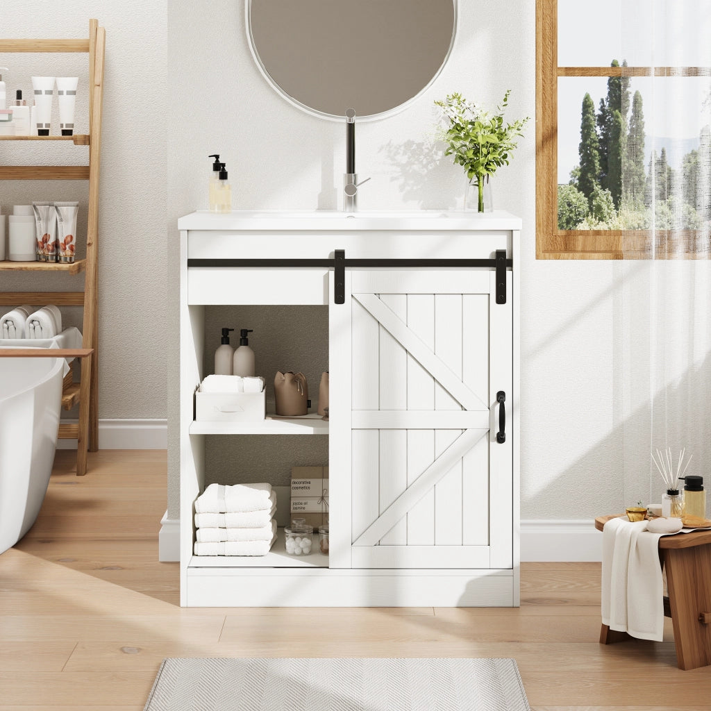 Mobile sottolavabo con lavabo in ceramica e ampio spazio contenitore, per bagno, bianco, 76 × 46,5 × 87,5 cm