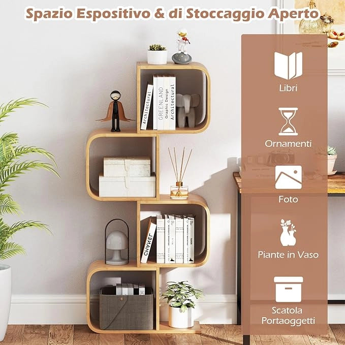 Libreria a 4 Cubi Forma di S, Libreria Bassa Scaffale in Bamboo, Libreria Design Moderna Salvaspazio da Terra, per Soggiorno, Studio e Ufficio, 61 x 23 x 133,5 cm, Naturale (4 Livelli)