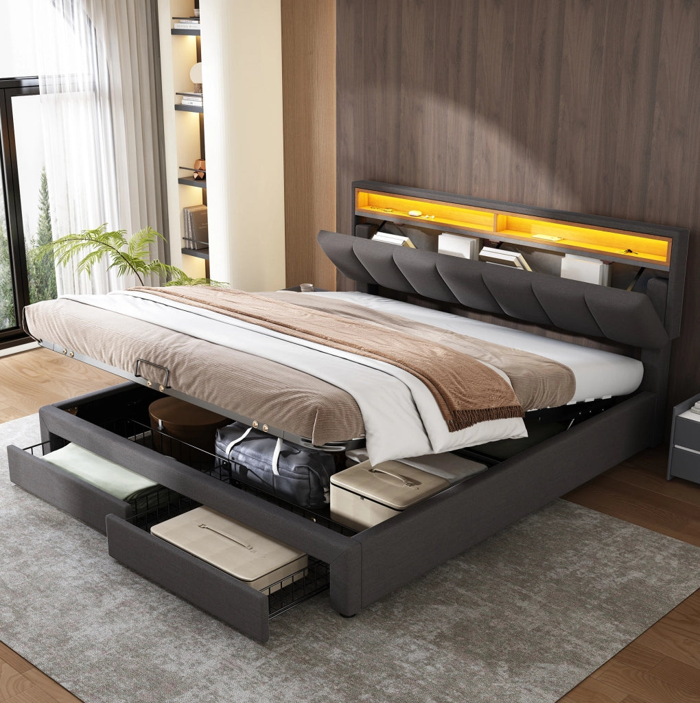 Letto imbottito 160x200 cm grigio scuro con LED
