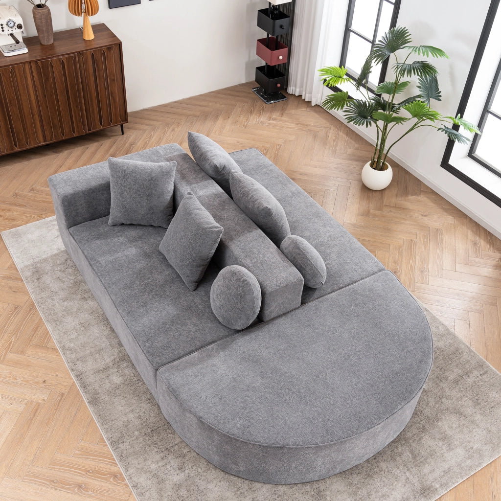 Divano modulare in chenille grigio, struttura in schiuma, componibile, senza montaggio
