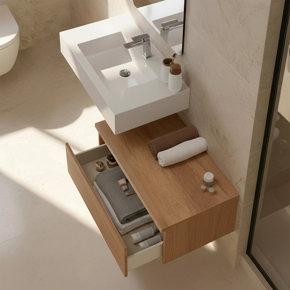 Mobile bagno sospeso 80 cm rovere naturale con lavabo sospeso e specchio – Numa