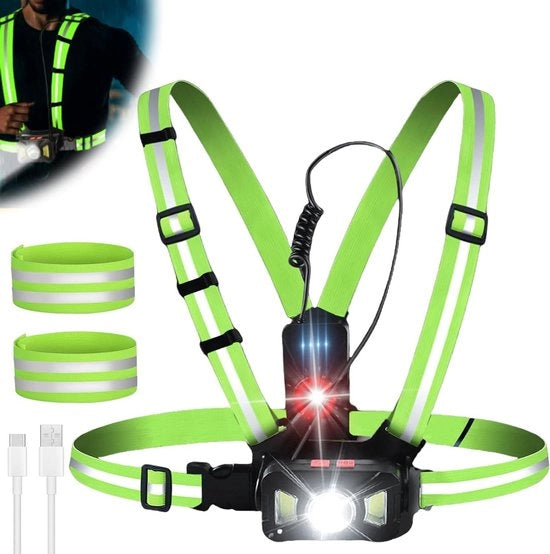 Lampada da corsa con strisce riflettenti caricabile via USB - Lampada da giro per jogging - Angolo di illuminazione regolabile IPX65 impermeabile.