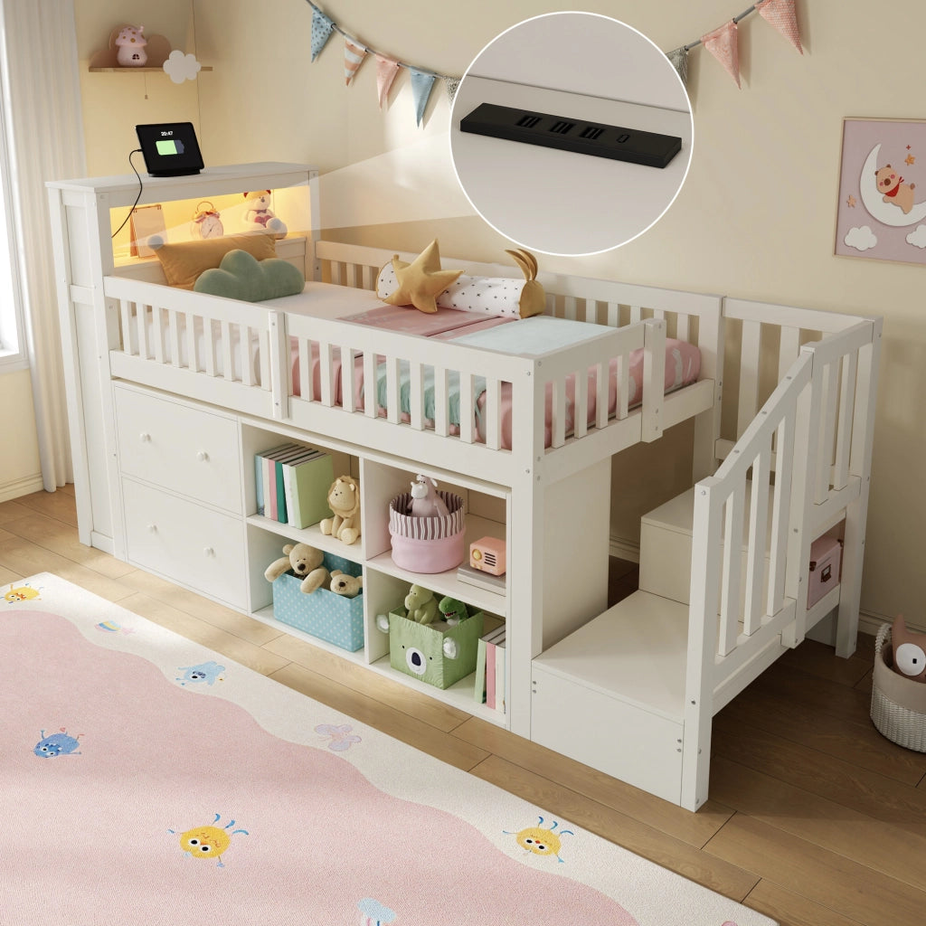 Letto rialzato per bambini 90x200 cm con cassetti; vani portaoggetti; scala contenitore e LED; bianco