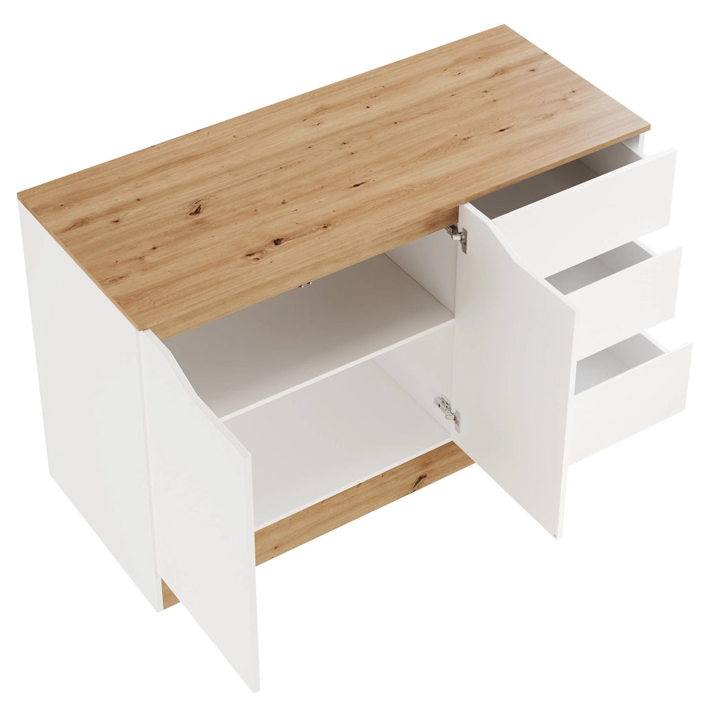 Scrivania pieghevole girevole 120x50x78 cm con 2 ante e 3 cassetti; bianco e rovere; in truciolare