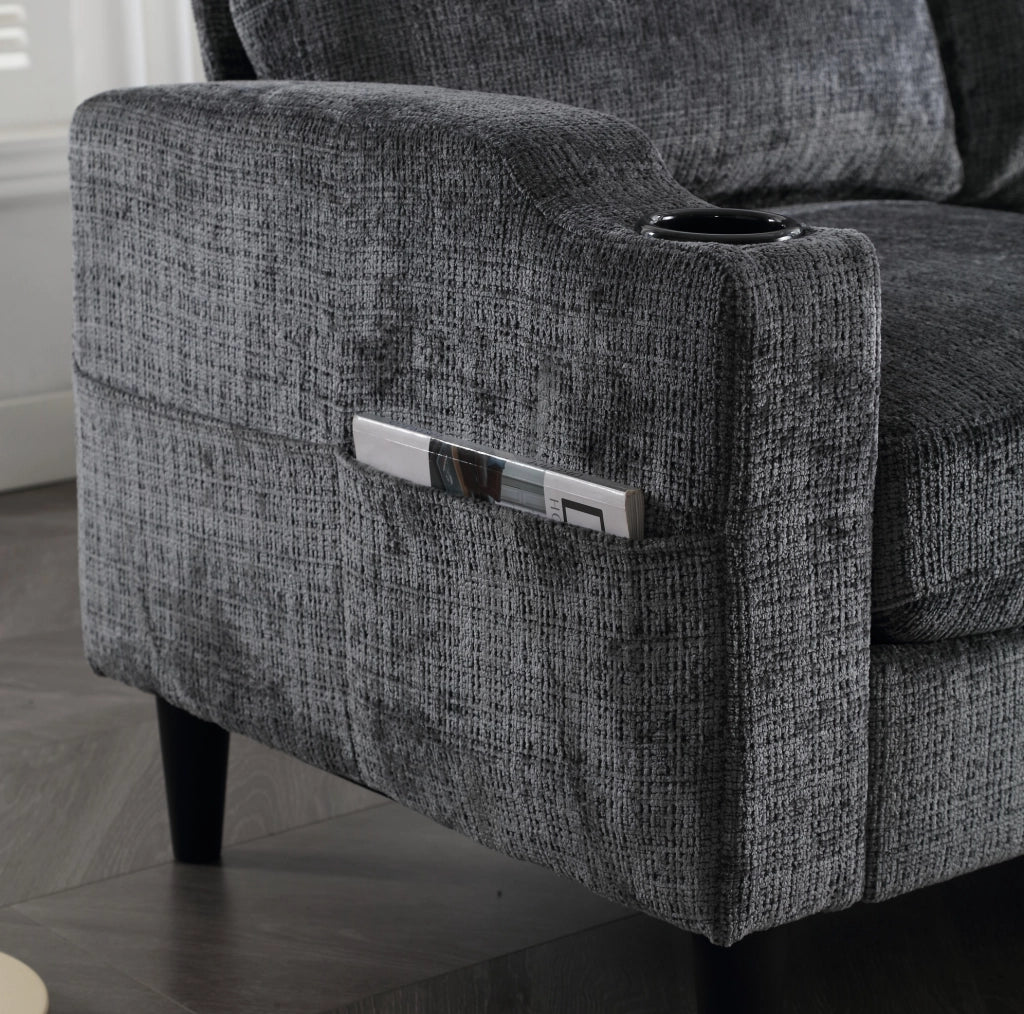 Divano 4 posti in ciniglia grigio con pouf contenitore