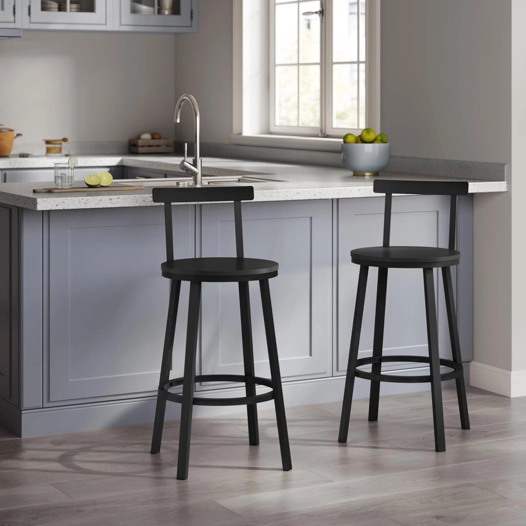 Sgabelli Cucina Set di 2, Sgabelli da Bar per Colazione, con Poggiapiedi e Schienale, Struttura in Metallo, Nero
