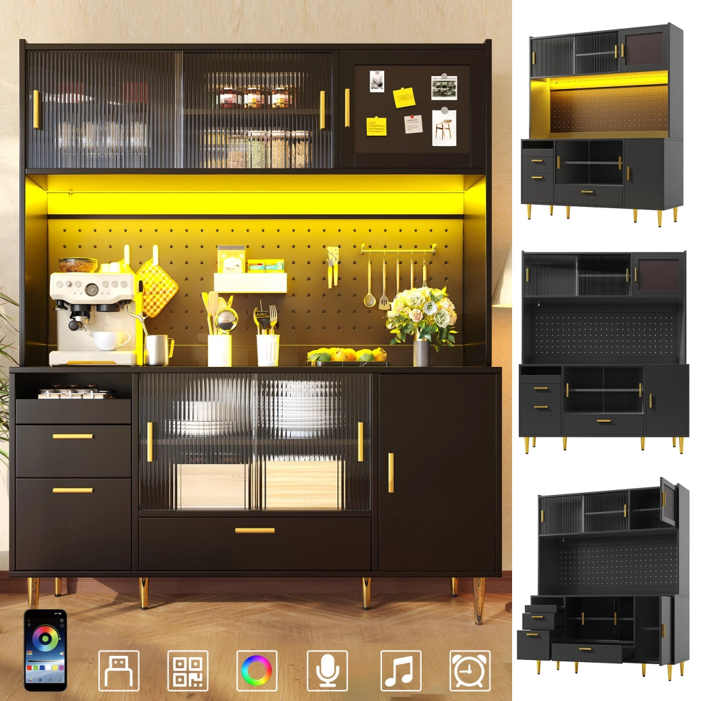 Credenza da cucina con cassetti e LED - per cucina - in MDF - 140×40×180 cm - nero