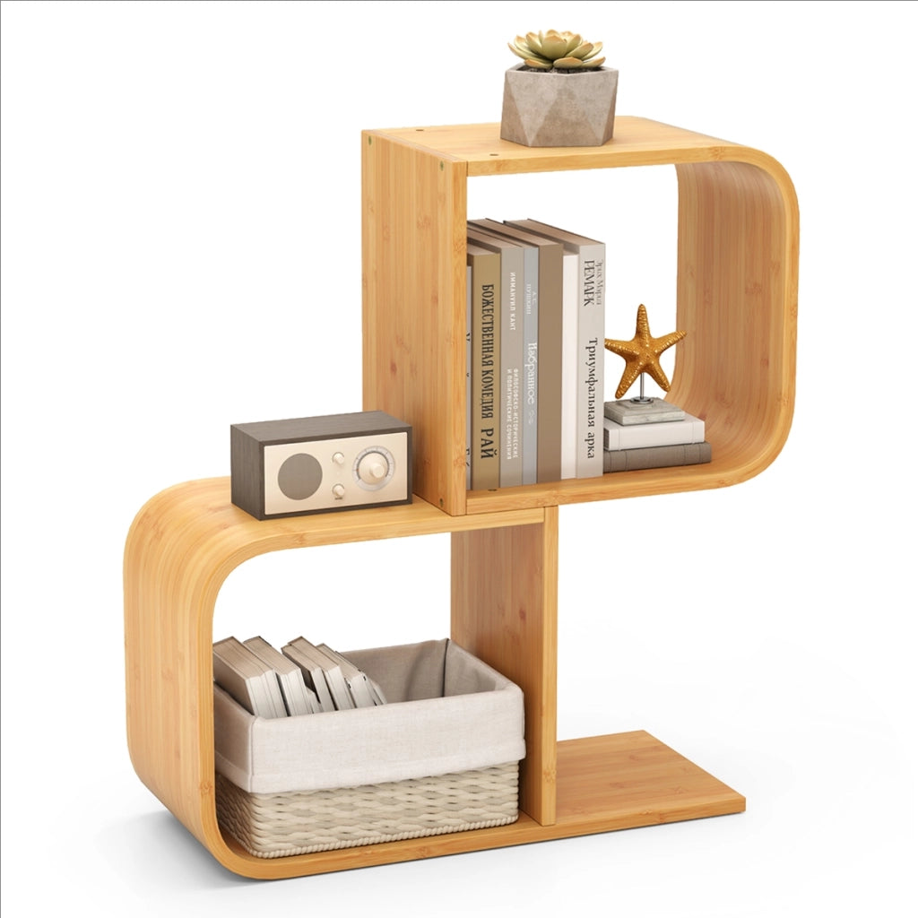 Libreria a 2 livelli a forma di S per esposizione, Mensola in bamb¨´ con 2 cubi aperti Naturale-Scaffali e librerie