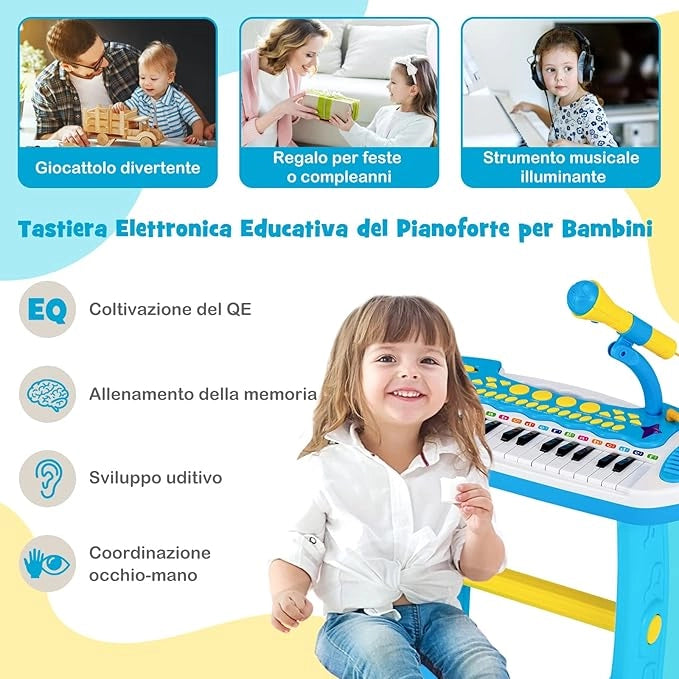 Pianoforte Digitale per Bambini 31 Tasti, Tastiera Elettronica Portatile, con Microfono e Luci, Funzionamento Registrazione e Playback, 3+ Anni, 45x23x45 cm (Blu)