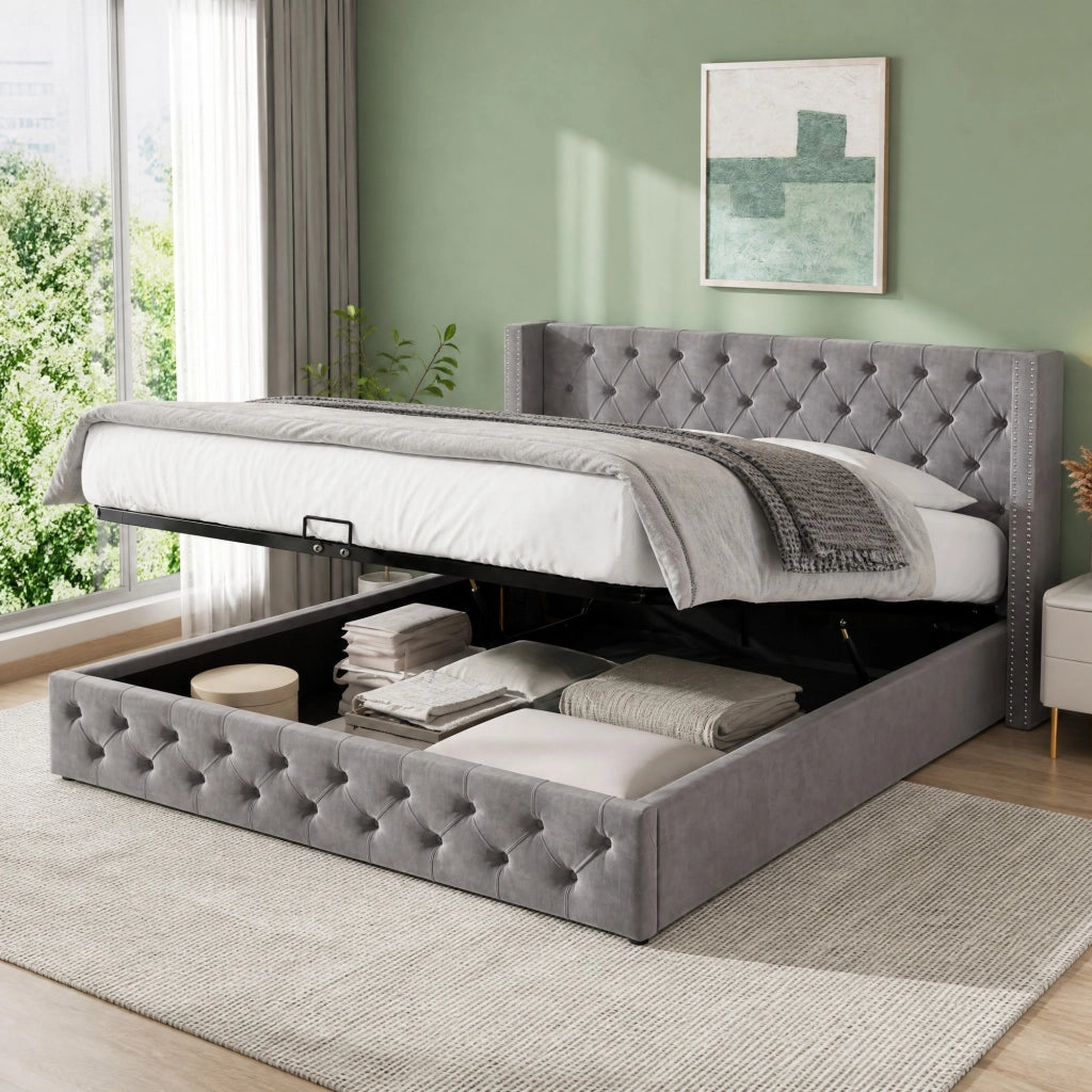 Letto contenitore 140 × 200 cm con testiera Chesterfield e rete a doghe grigio