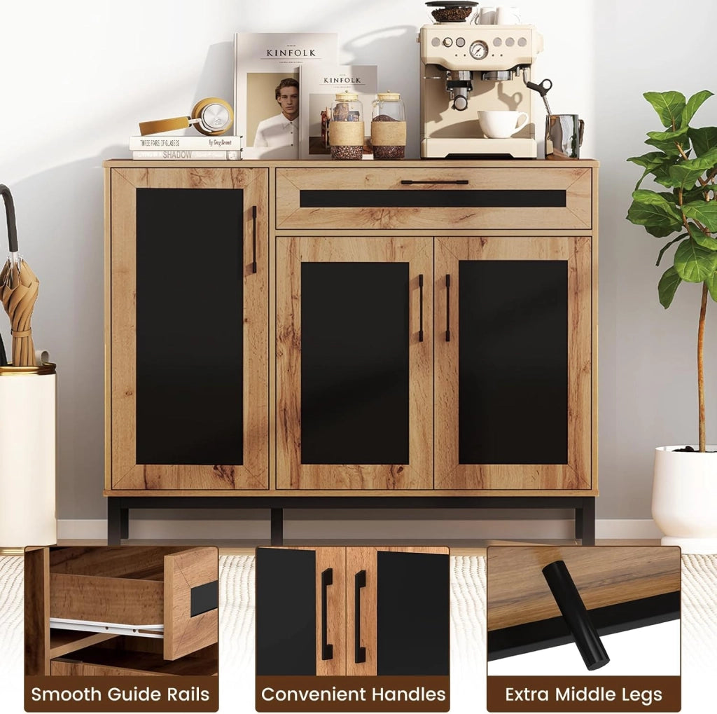 Credenza Buffet da 120 cm, Mobile Bar in Legno con Cassetto, 3 Ante, Ripiani e Gambe in Metallo, Mobile Contenitore in Stile Farmhouse per Cucina, Sala da Pranzo e Soggiorno