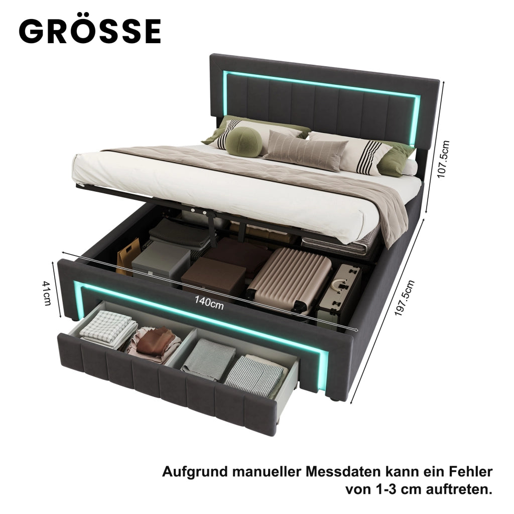 Letto matrimoniale contenitore 140x190 cm grigio antracite in velluto con LED, cassetto e rete a doghe