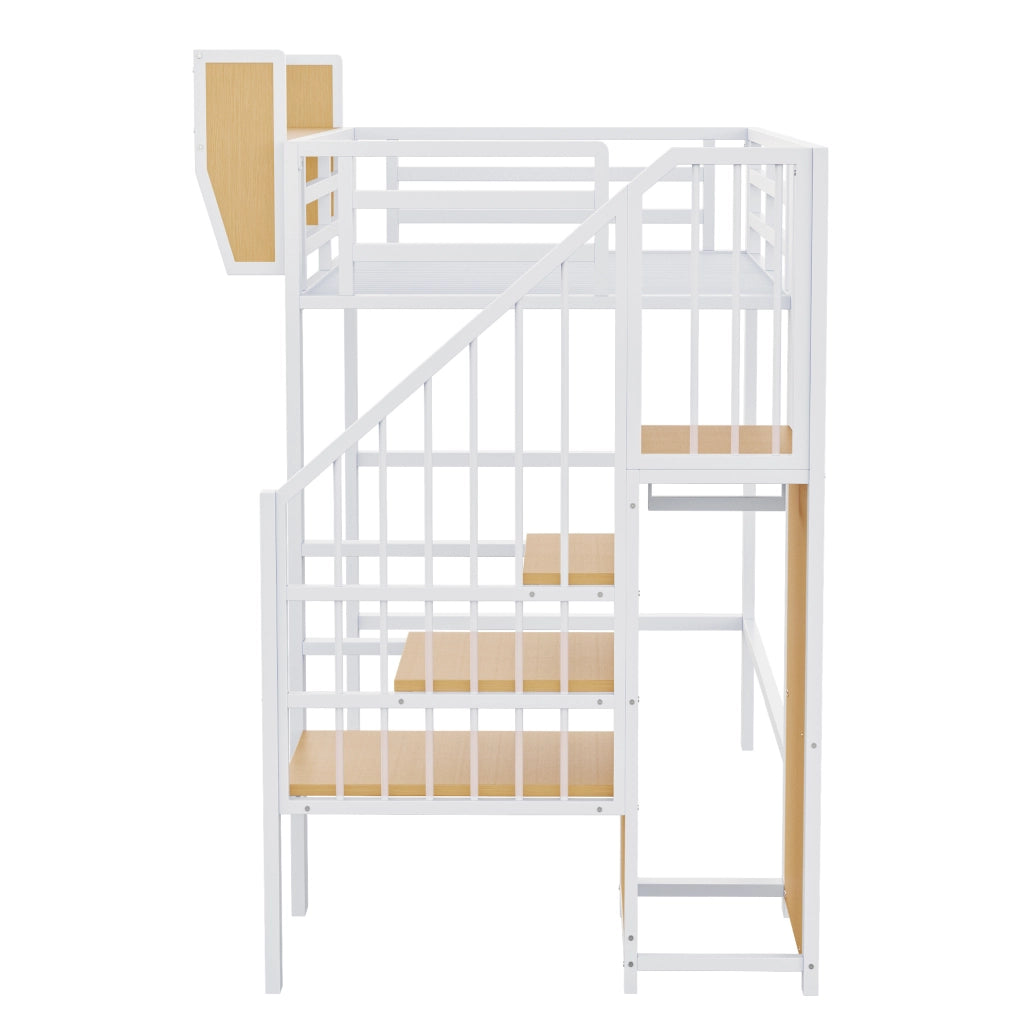 Letto a soppalco 90x200 cm in metallo bianco con ripiano