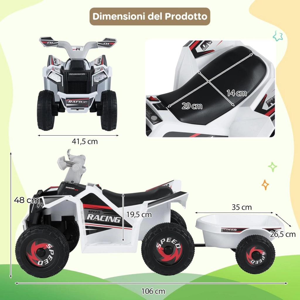 Quad Elettrico per Bambini, ATV elettrico con Rimorchio Posteriore, Macchina Giocattolo a Motore con Ruote Resistenti, 2-3 km/h, Veicolo per Bambini 3 Anni+ (Bianco)