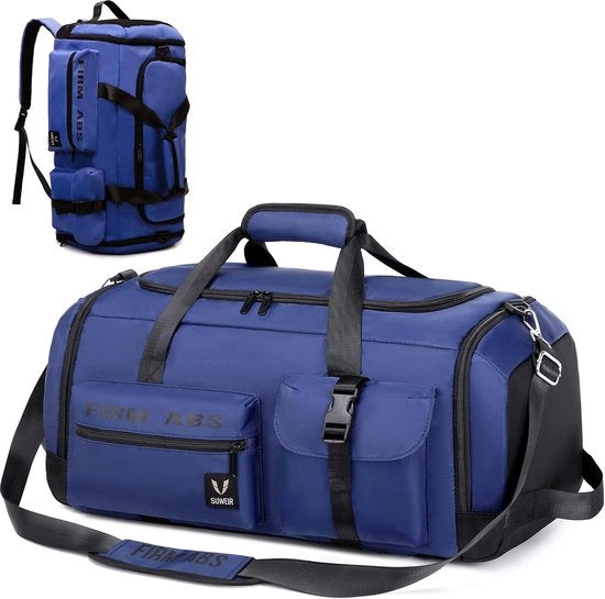 Borsa sportiva grande per donne e uomini 65L con tasca per scarpe e tasca umido-secco grande capacità borsa per viaggio, sport, fitness, blu-blù