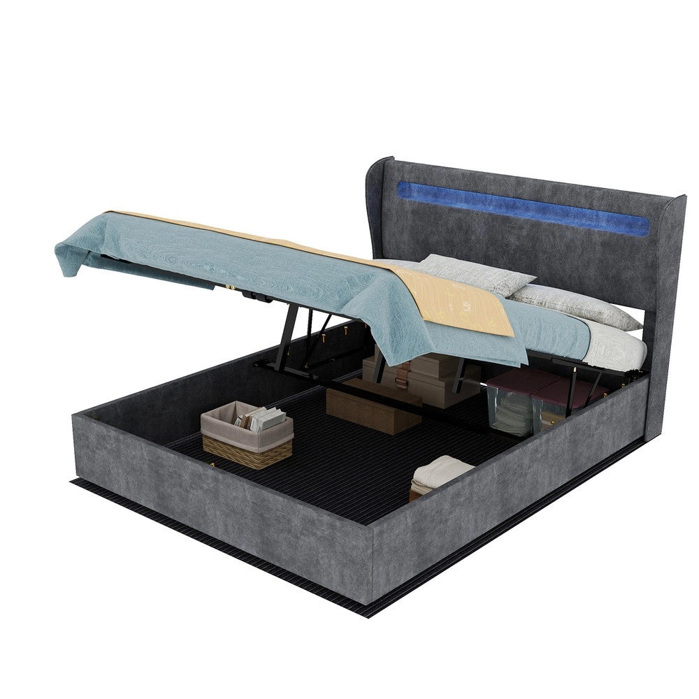 Letto Contenitore Imbottito con LED ¨C MINIMAL ¨C Grigio 140x200 con Materasso