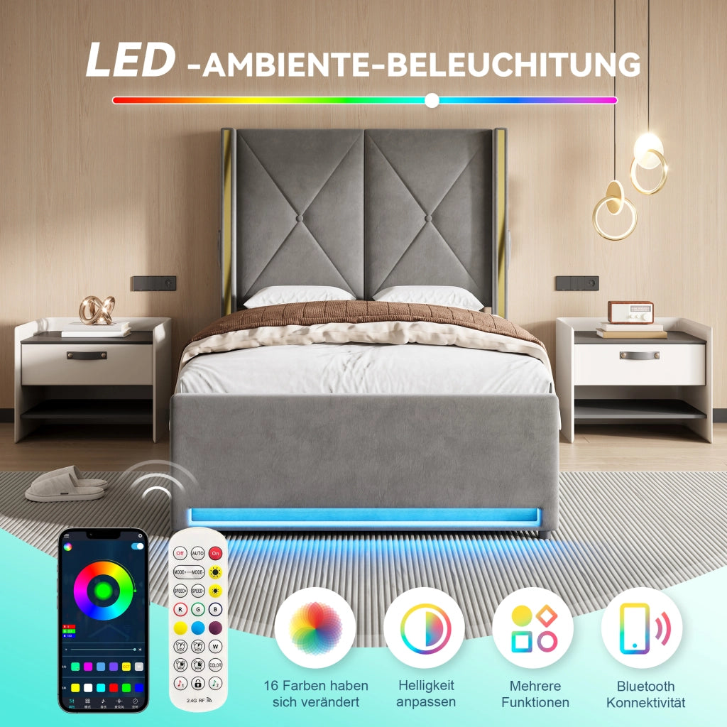 LETTO Contenitore 90x200 cm in velluto grigio scuro con USB, LED e tasche laterali