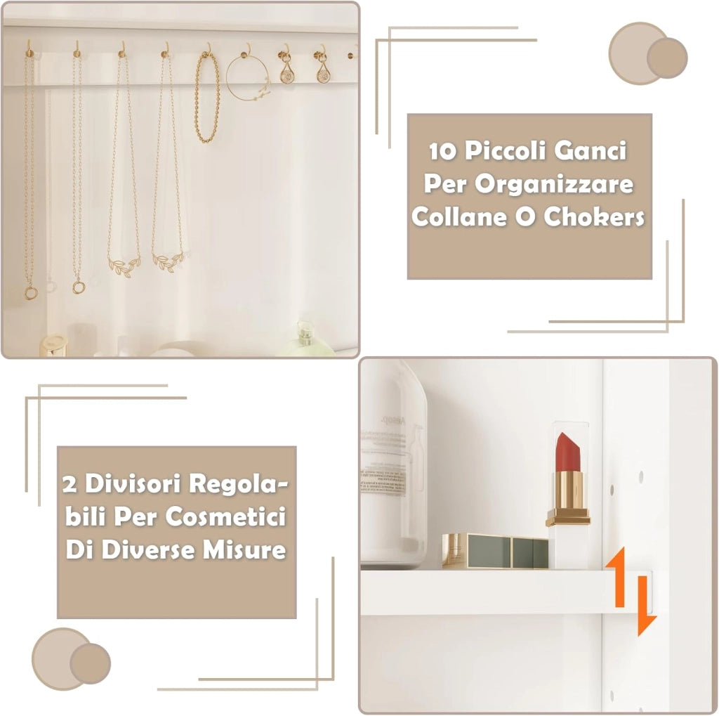 Toeletta Trucco con Luci LED,Tavolo da Trucco con Specchio,3 con Luminosità Regolabile,Postazione Trucco con Cassetti,Ripiani Aperti,Moderno, Bianco