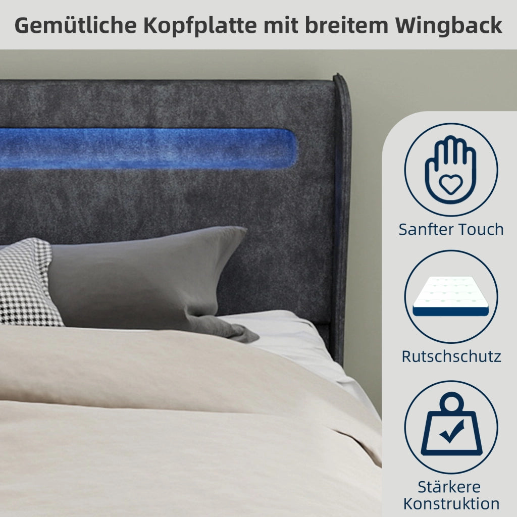 Letto Basso 140x200 cm; LED Regolabile e Schienale Regolabile - in Tessuto e Metallo - Grigio