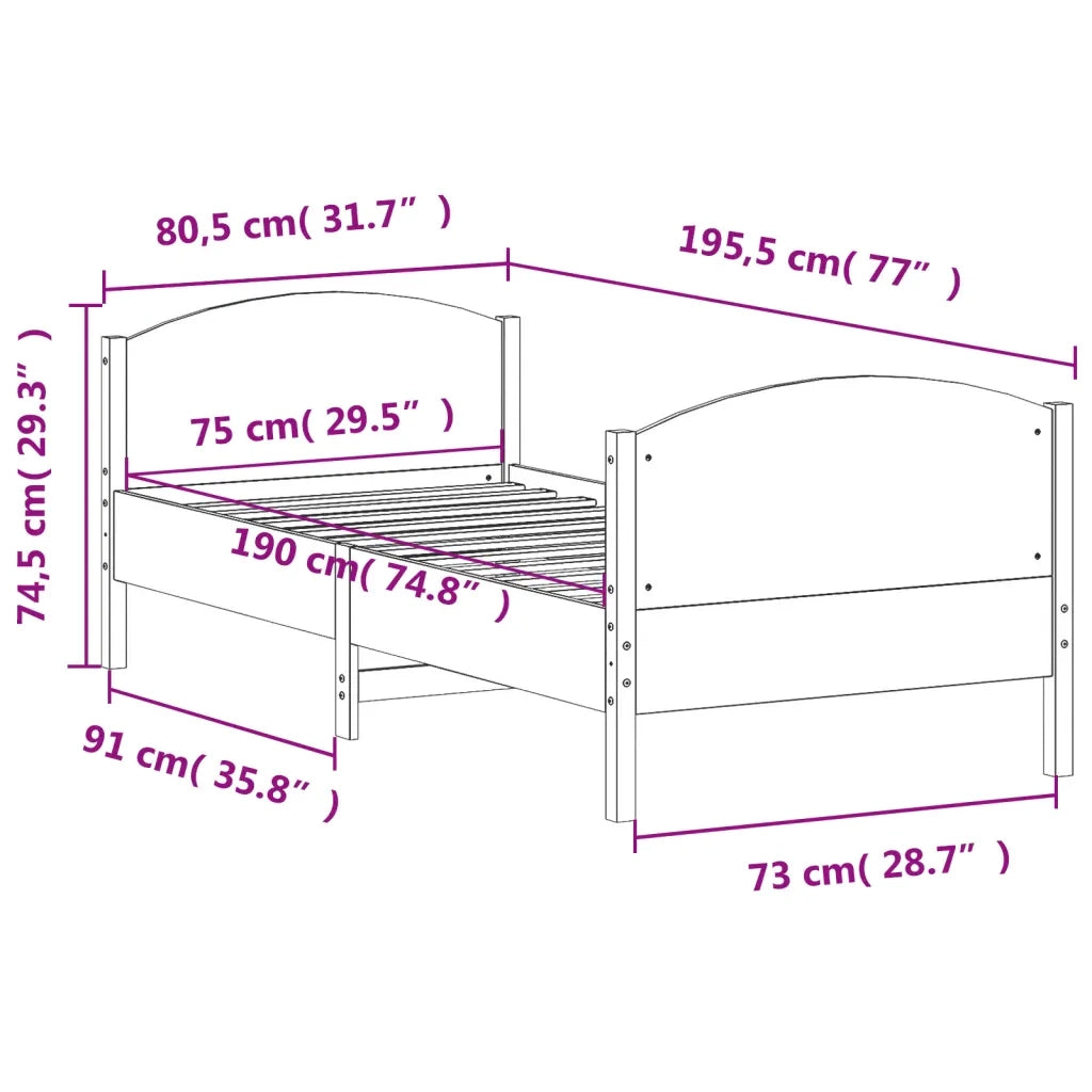 Letto senza Materasso Bianco 75x190 in Legno Massello di Pino 842575