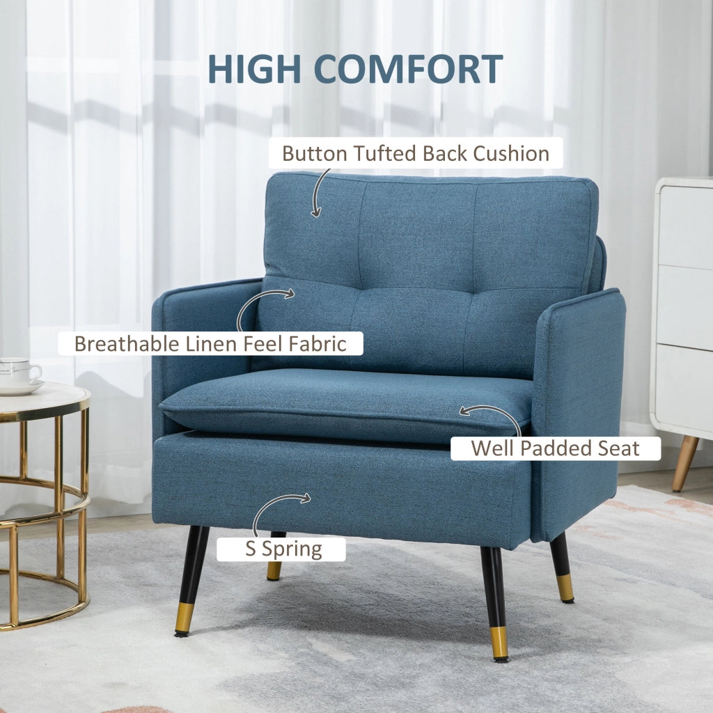 EasyComfort Poltrona Moderna da Soggiorno e Camera da Letto con Seduta Imbottita e Tessuto Effetto Lino, 76x68x80 cm, Blu
