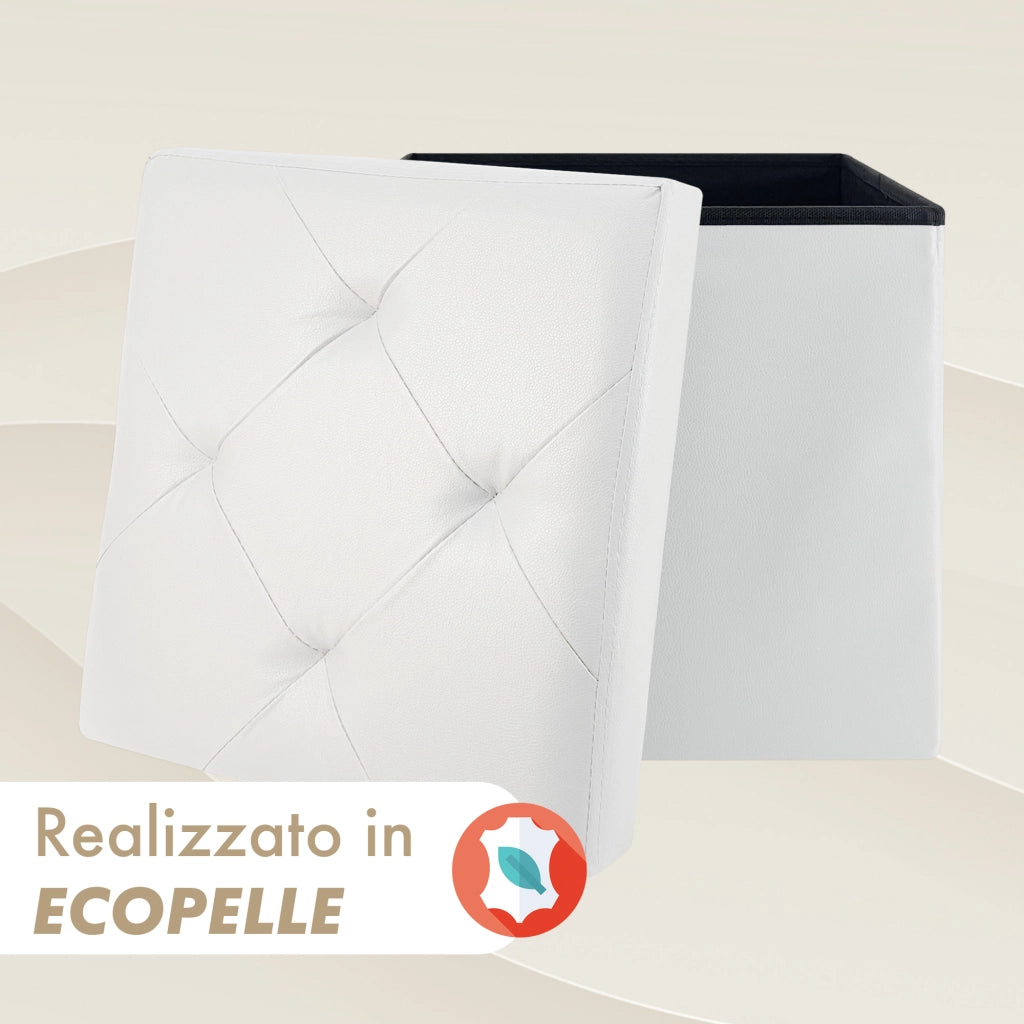 Pouf Poggiapiedi In Ecopelle 2 In 1 Contenitore 38x38Cm Quadrato Salotto Sgabello Camera Soggiorno Portaoggetti Design Moderno Complemento D'arredo Portaoggetti Panca Ingresso  Bianco