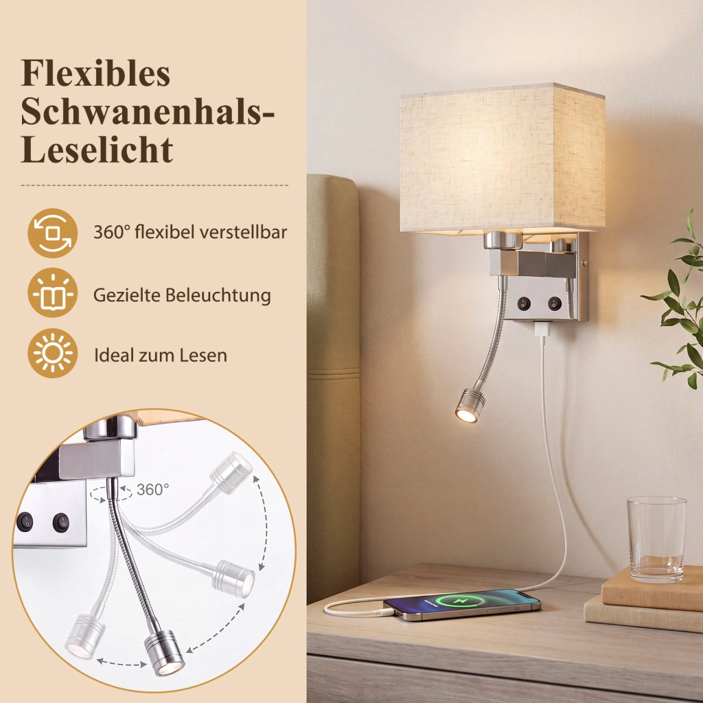 ZMH Lampada da Parete LED con Porta USB e Lettura 2W Paralume Tessuto E27 Interruttore per Camera Hotel Senza Lampadina