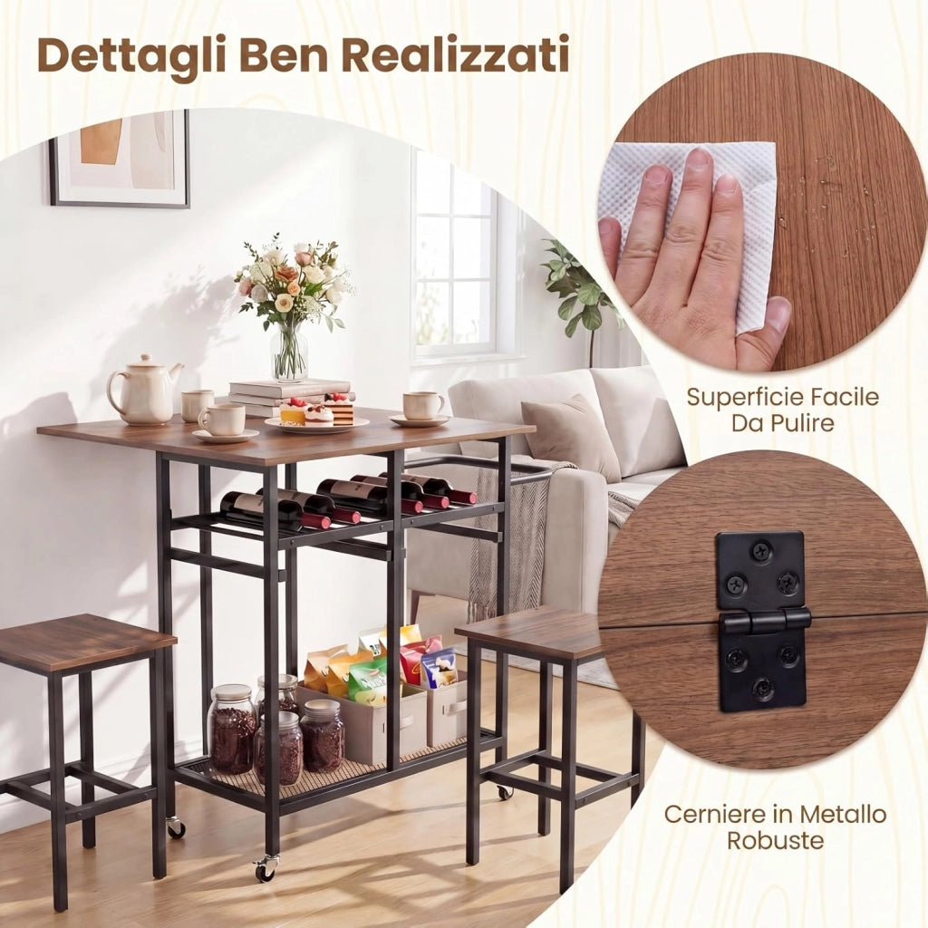 Set Tavolo da Pranzo Pieghevole 3 Pezzi, Tavolo Salvaspazio Estendibile con 2 Sgabelli con Ruote, Portabottiglie da 6 Posti, Ripiani e Maniglia Laterale per Cucina (Marrone,Modello 2)