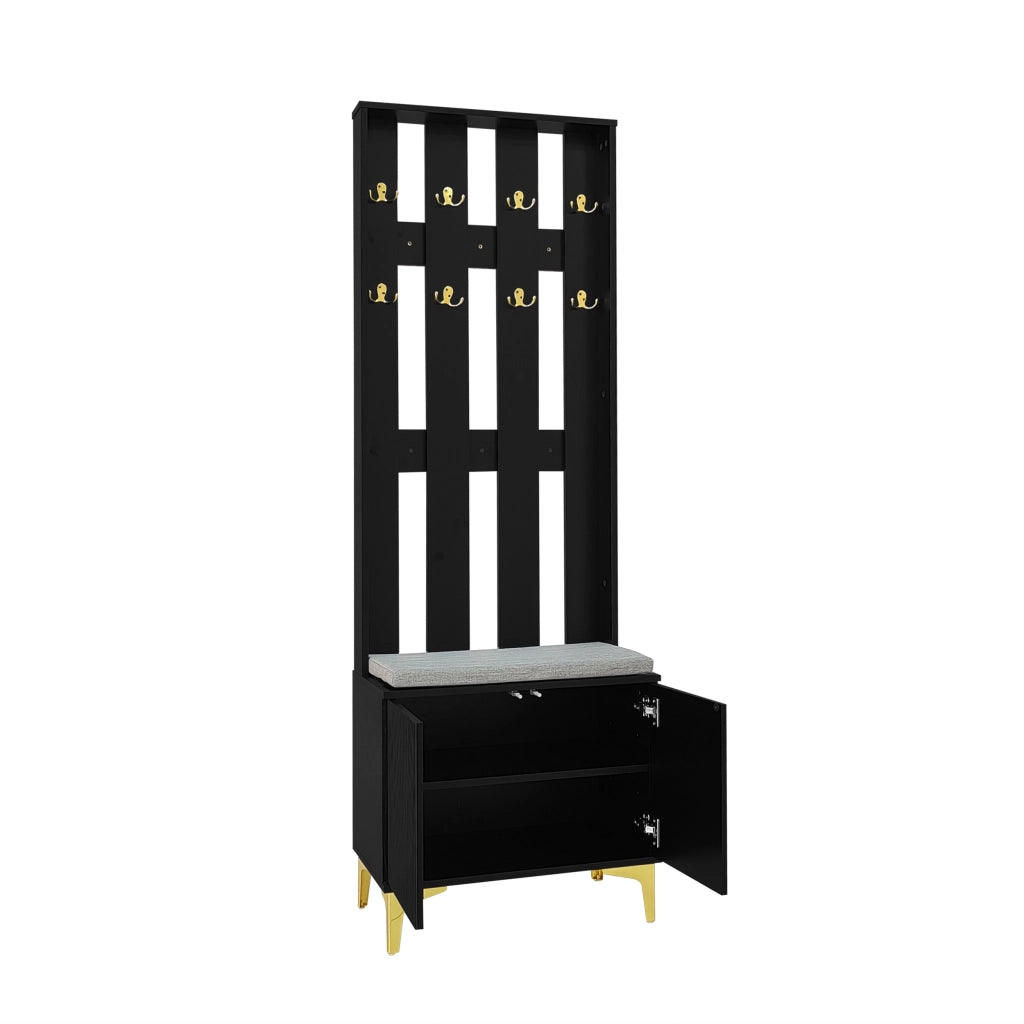 Mobile Ingresso con 2 Ante; Ripiani Regolabili e Panca Portascarpe; Push-to-Open; Nero e Oro; 60;5×35;2×180;5 cm