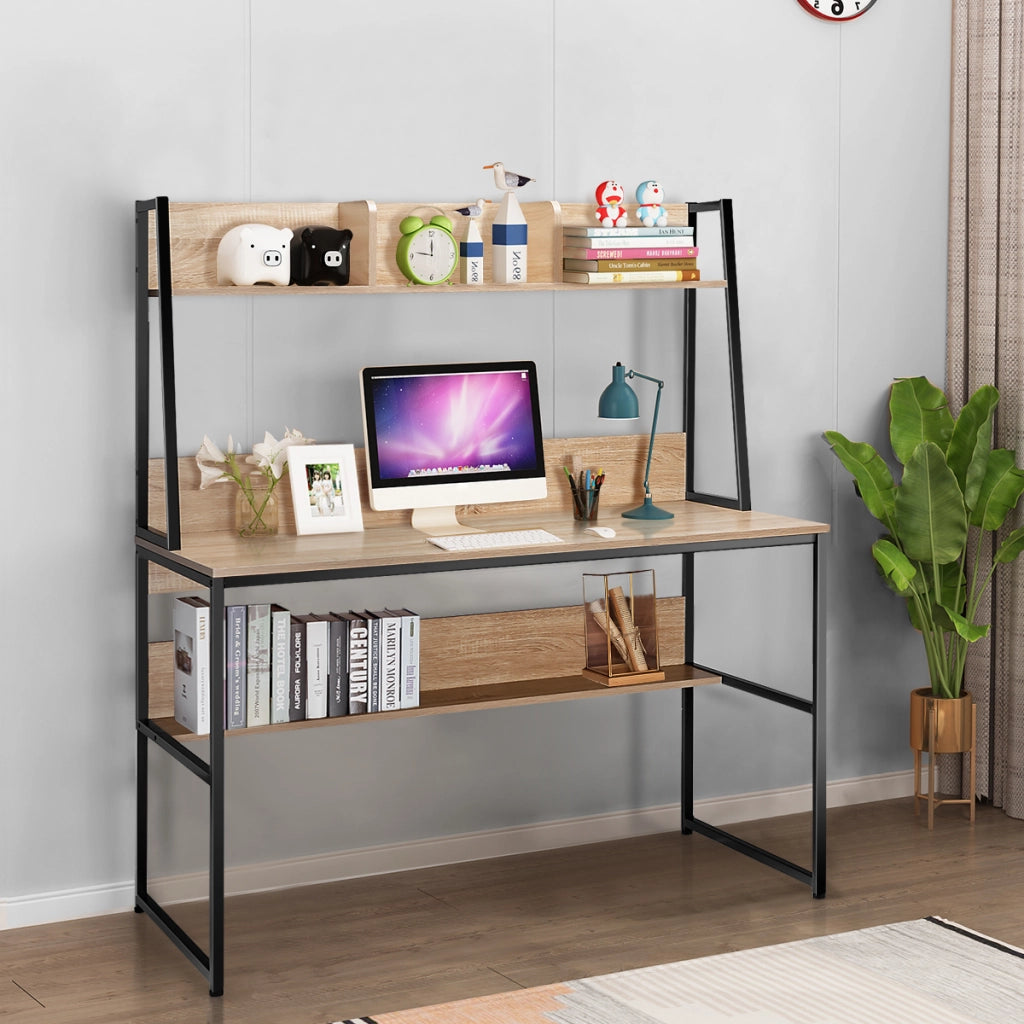 Scrivania per computer con 3 scomparti libreria e ripiano, Scrivania da 120cm salvaspazio per ufficio Naturale-Scrivanie