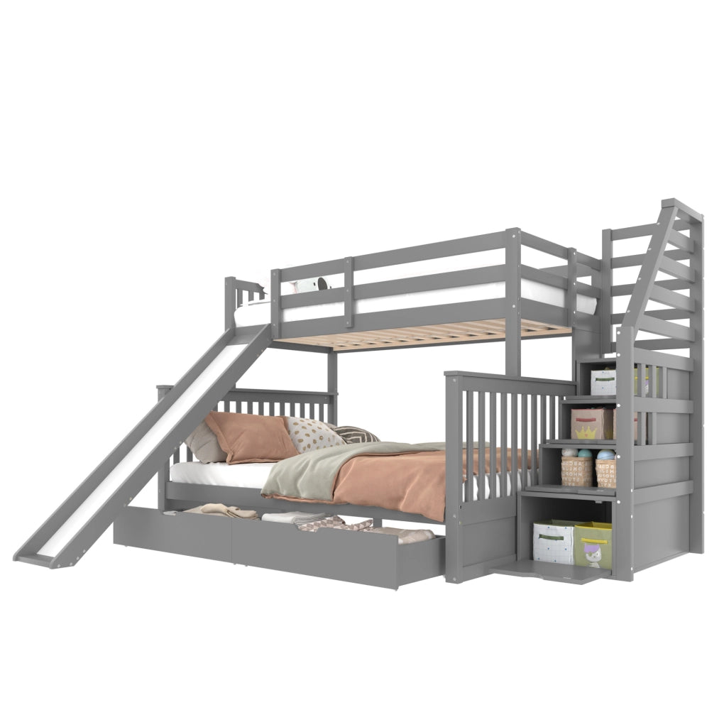 Letto a castello 90x200/140x200 con scivolo e cassetti grigio