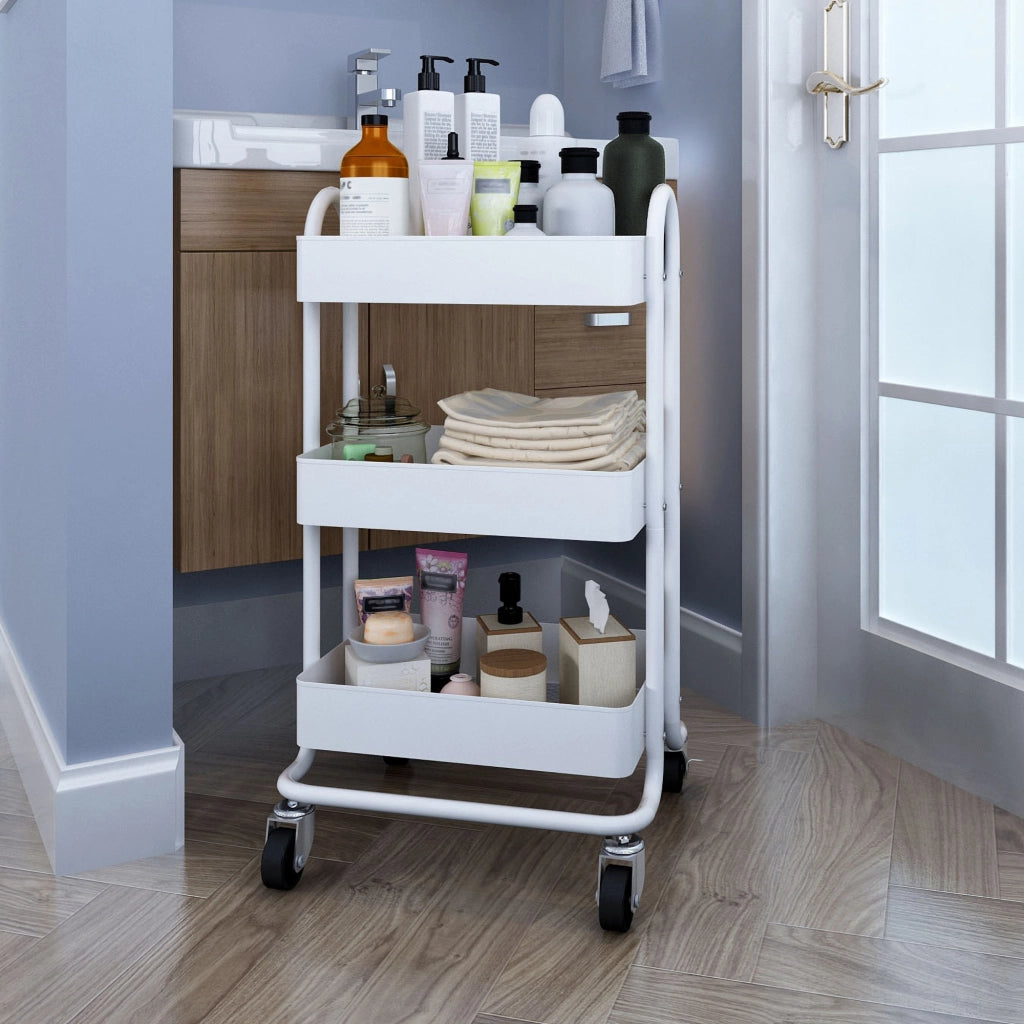 Carrello da Cucina 'Pyhäntä' in Acciaio con 3 Contenitori - Bianco opaco [en.casa]