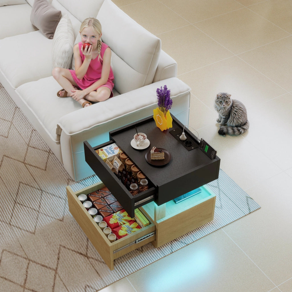 Comodino con ricarica wireless, LED e 2 cassetti per camera da letto, nero e naturale 50 × 40 × 50 cm