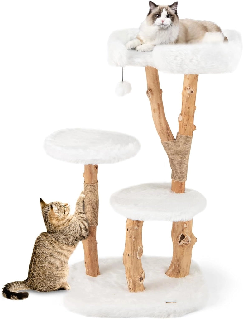 Tiragraffi per Gatti in Legno 110cm, Albero Tiragraffi con Pali in Corda di Juta Naturale e Palla Pendente, Torre Moderna per Gatti da Interno, Bianco e Naturale